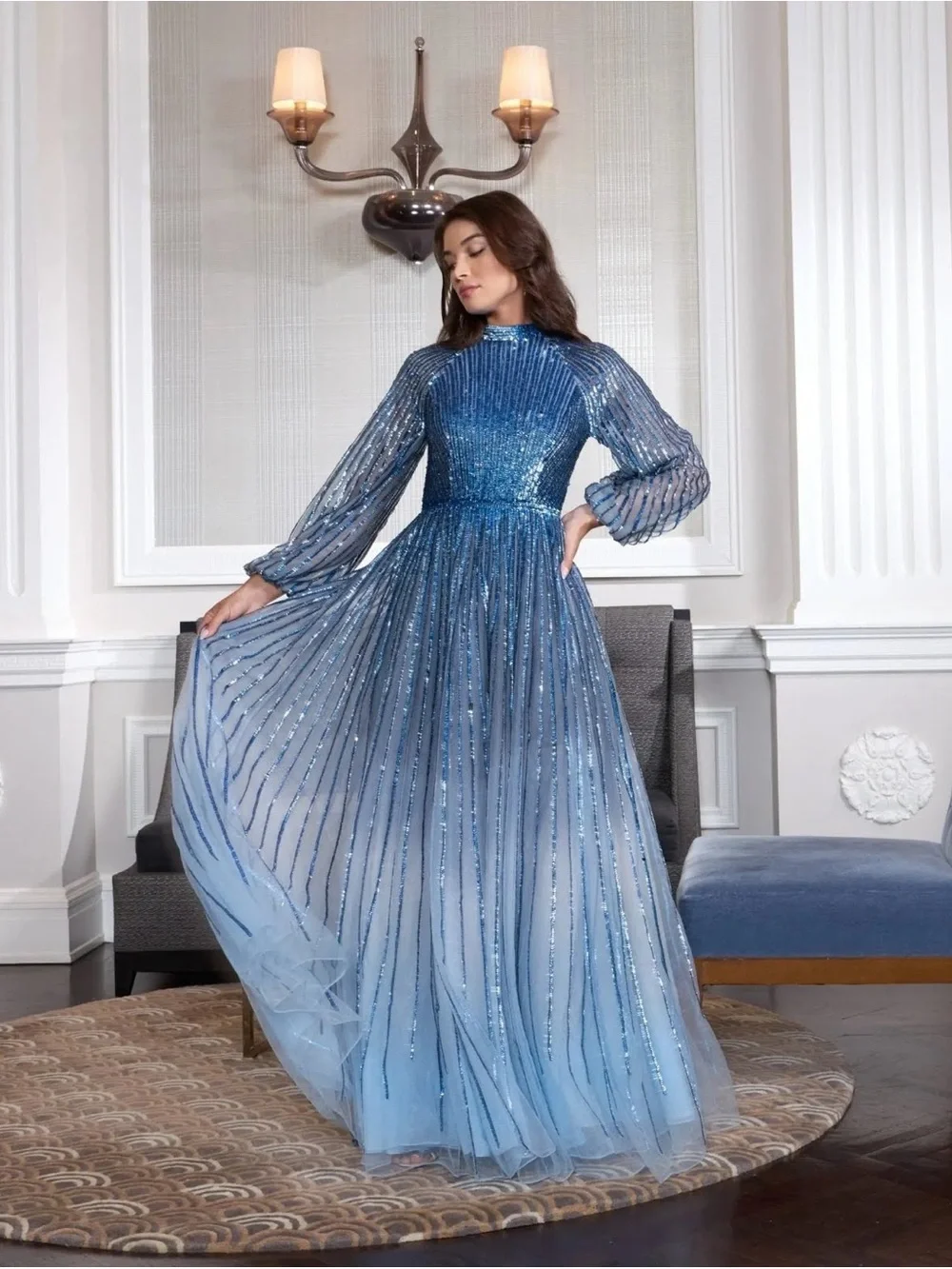 Mac Duggal 6206 Blue Ombré Sequin Long Sleeve A-Line Evening Dress Size 12 NWT - Picture 4 of 15